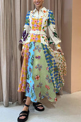Bold and Chic Irregular Unique Print Balloon Sleeve Belt Shirt Midi Dress